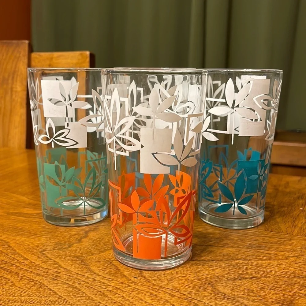 Vintage MCM Highball Tiki Juice Glass Set Peanut Butter Tiki Floral Barware Set